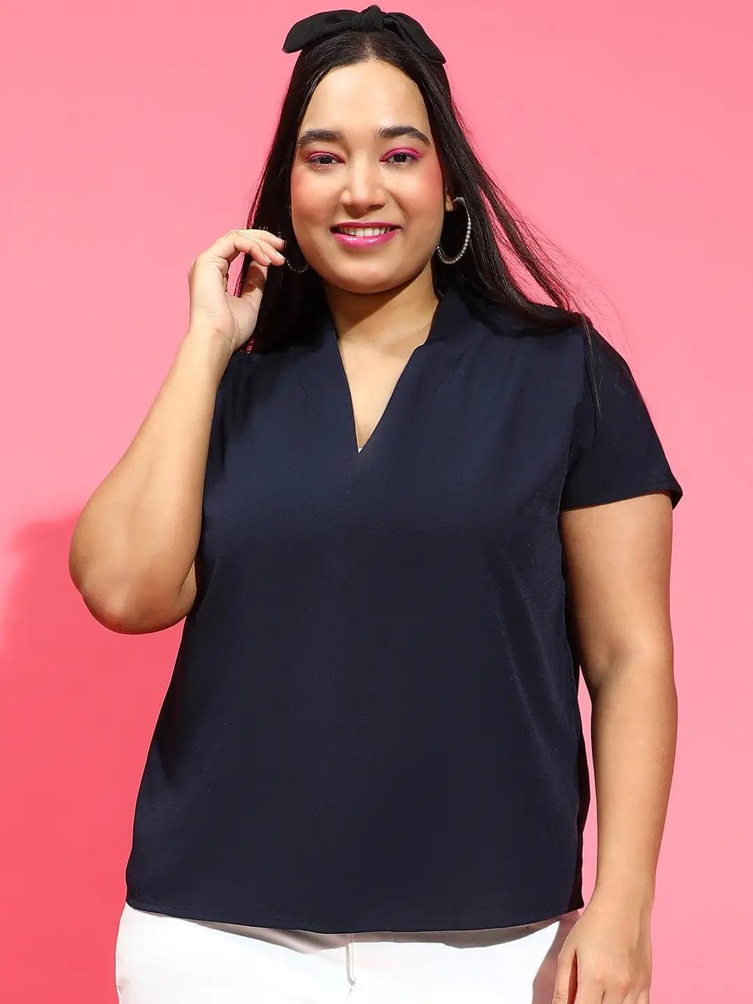 Delicate Navy Short Sleeve Plus Size Loopy Top for Women