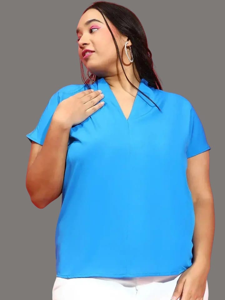 Plus Size Blue Top - Women's V-Neck Loopy Short Sleeve Casual Blouse