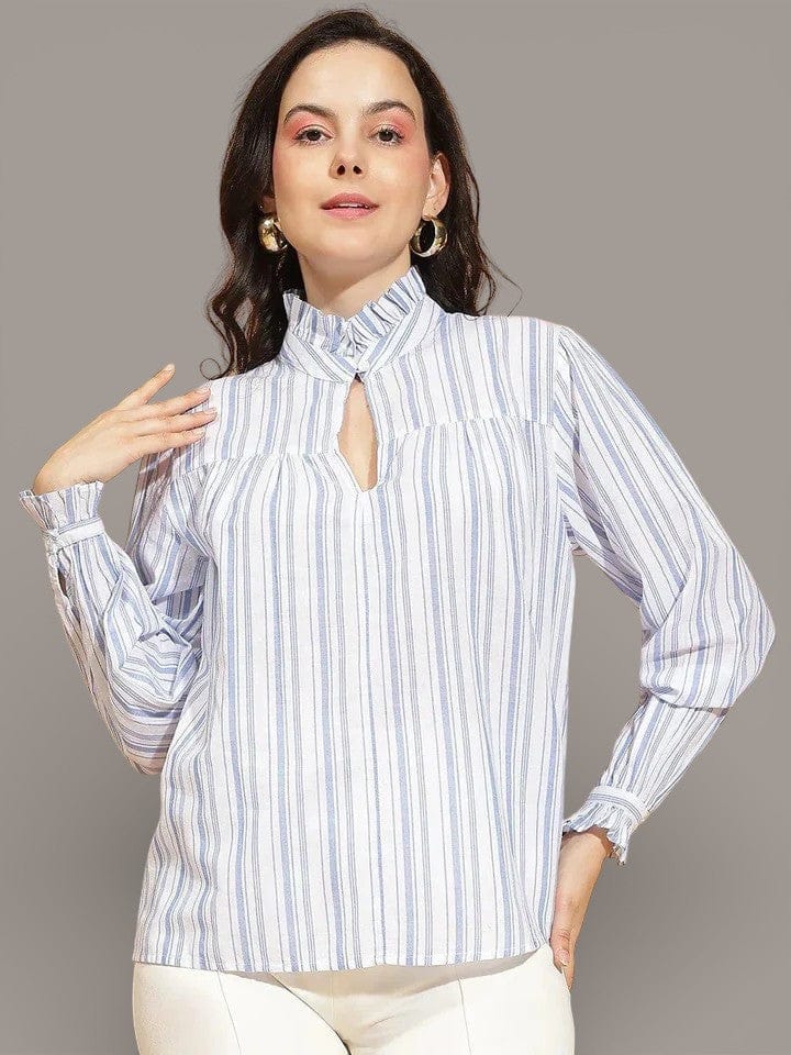 Blue Stripe Cotton Top - Long Sleeve Button Front Casual Women's Blouse