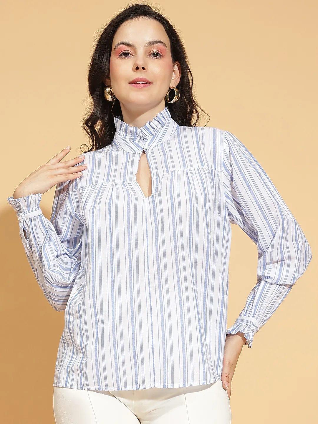 Social Blue Stripe Print Long Sleeve Women’s Cotton Top