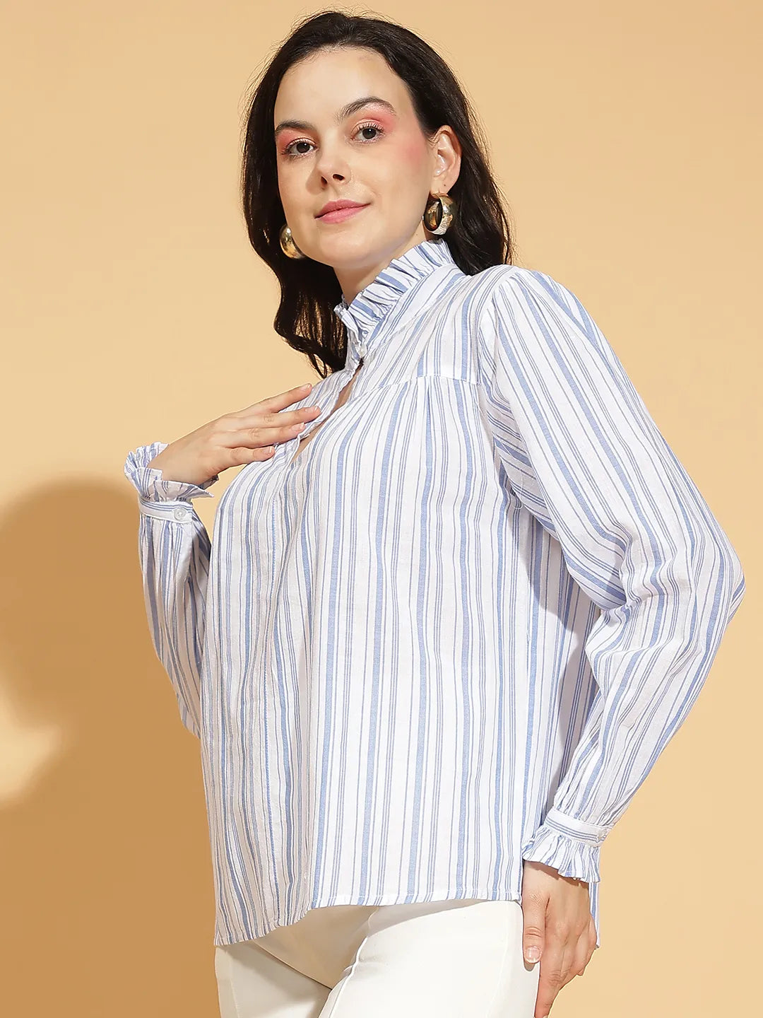 Social Blue Stripe Print Long Sleeve Women’s Cotton Top