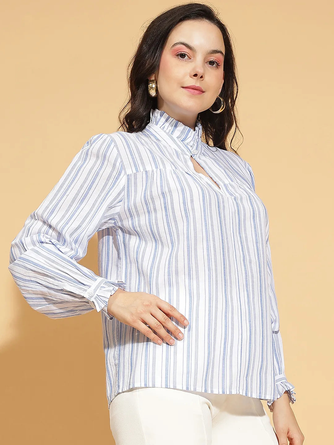 Social Blue Stripe Print Long Sleeve Women’s Cotton Top