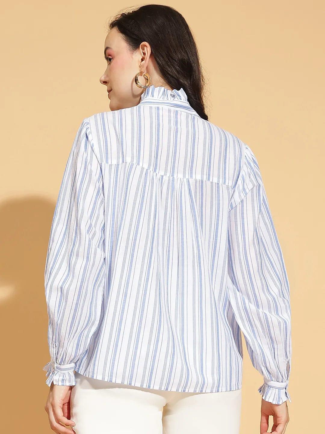 Social Blue Stripe Print Long Sleeve Women’s Cotton Top