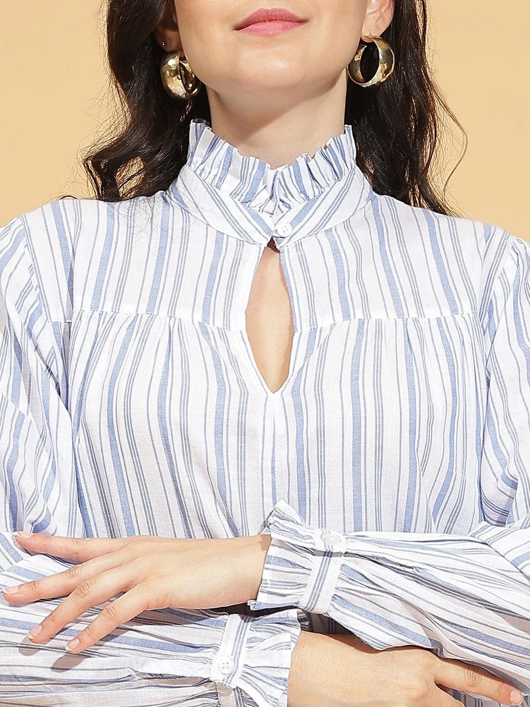 Social Blue Stripe Print Long Sleeve Women’s Cotton Top