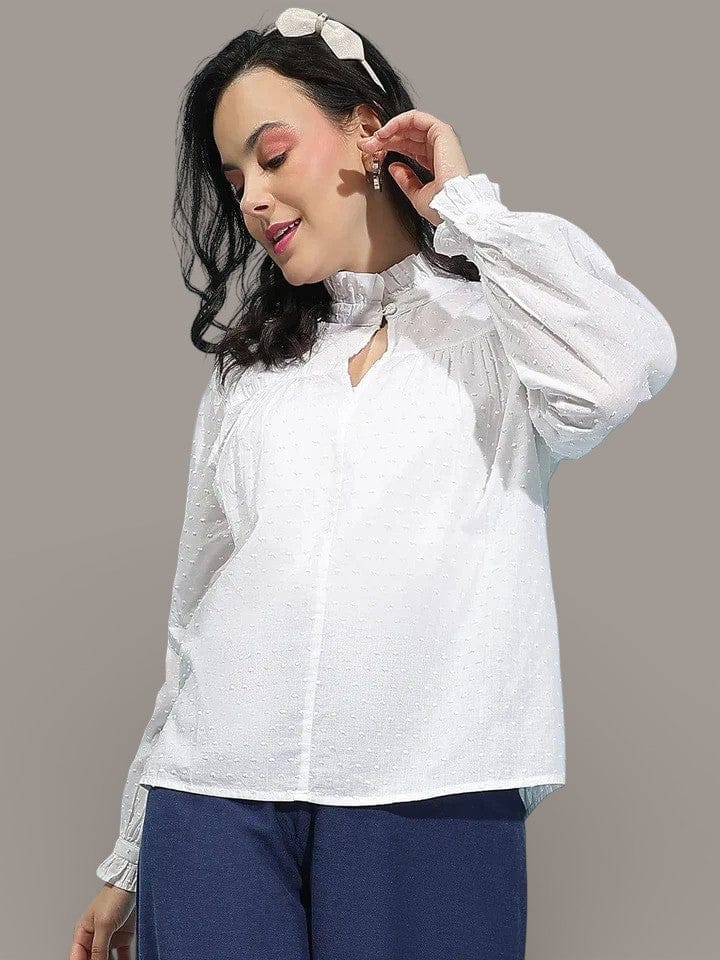 White Cotton Women Top - Long Sleeve Button Front Solid Shirt for Office Wear
