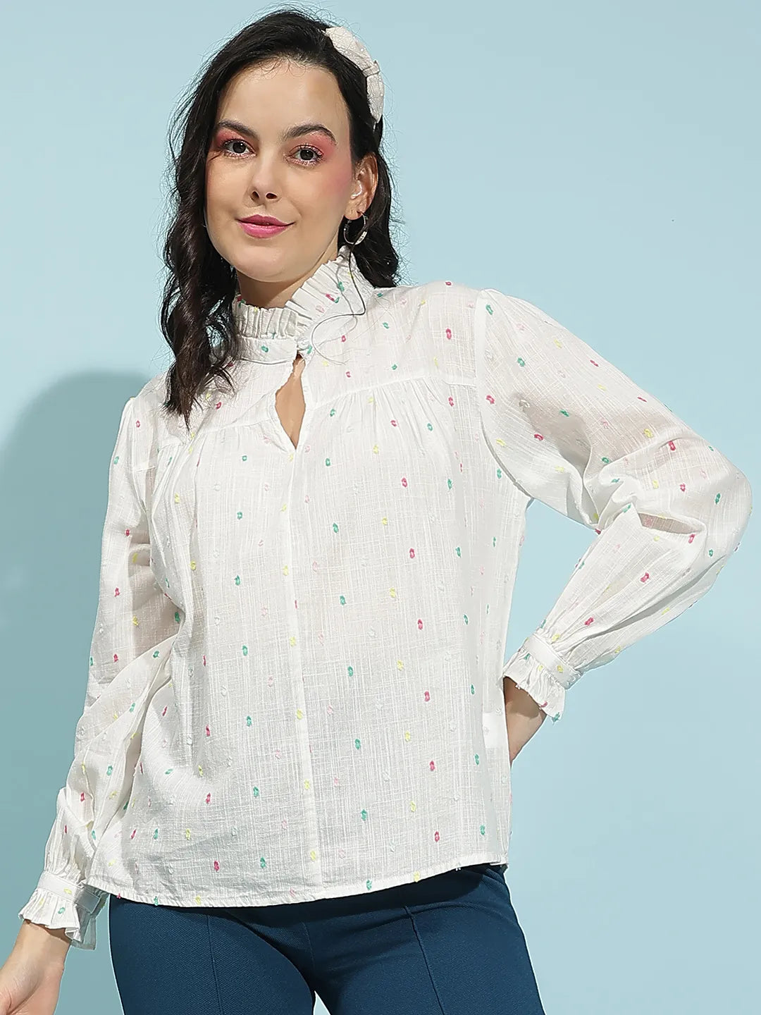 Cloudy White Swiss Dotted Long Sleeve Women’s Cotton Top