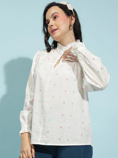 Cloudy White Swiss Dotted Long Sleeve Women’s Cotton Top