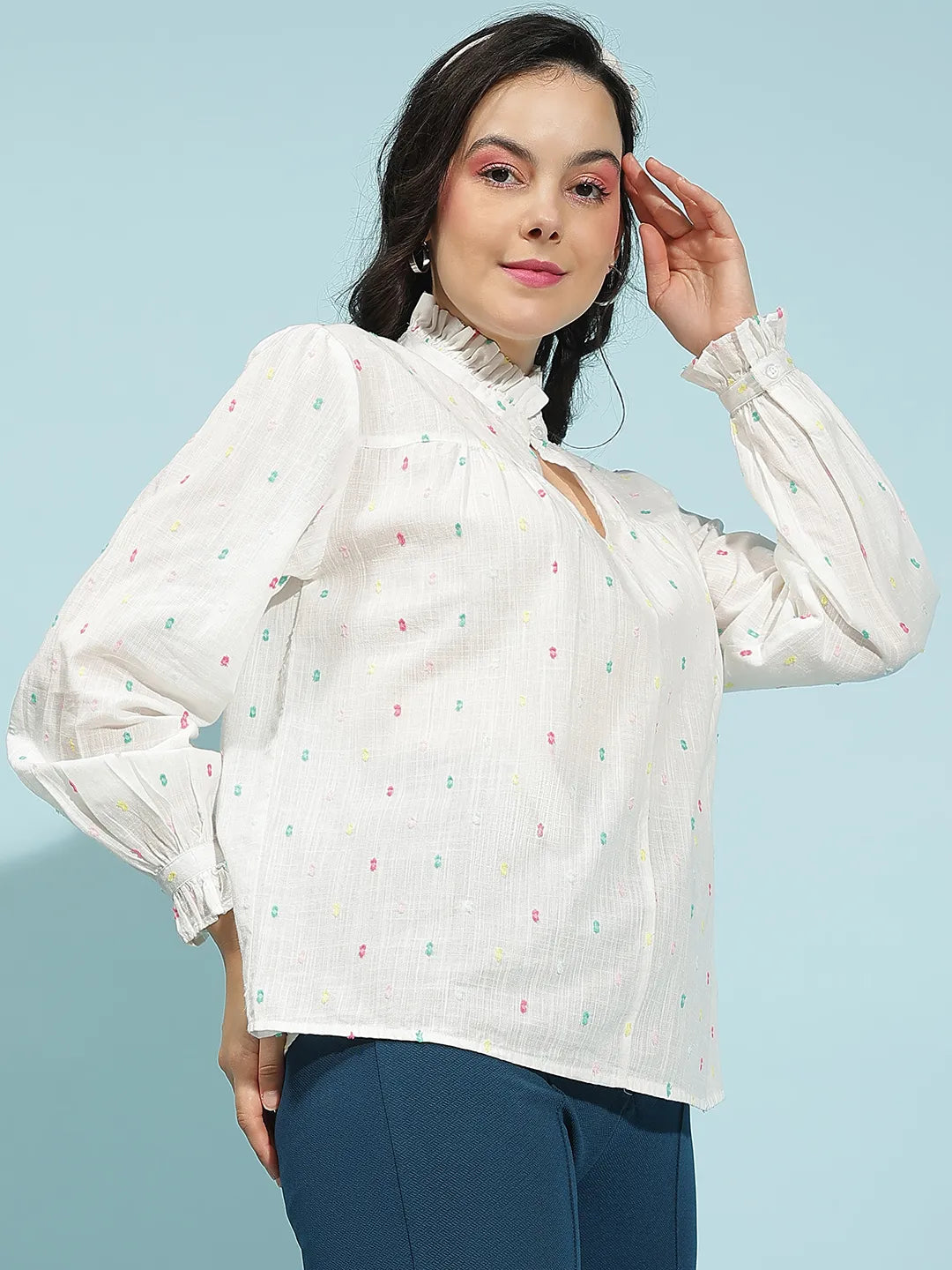 Cloudy White Swiss Dotted Long Sleeve Women’s Cotton Top