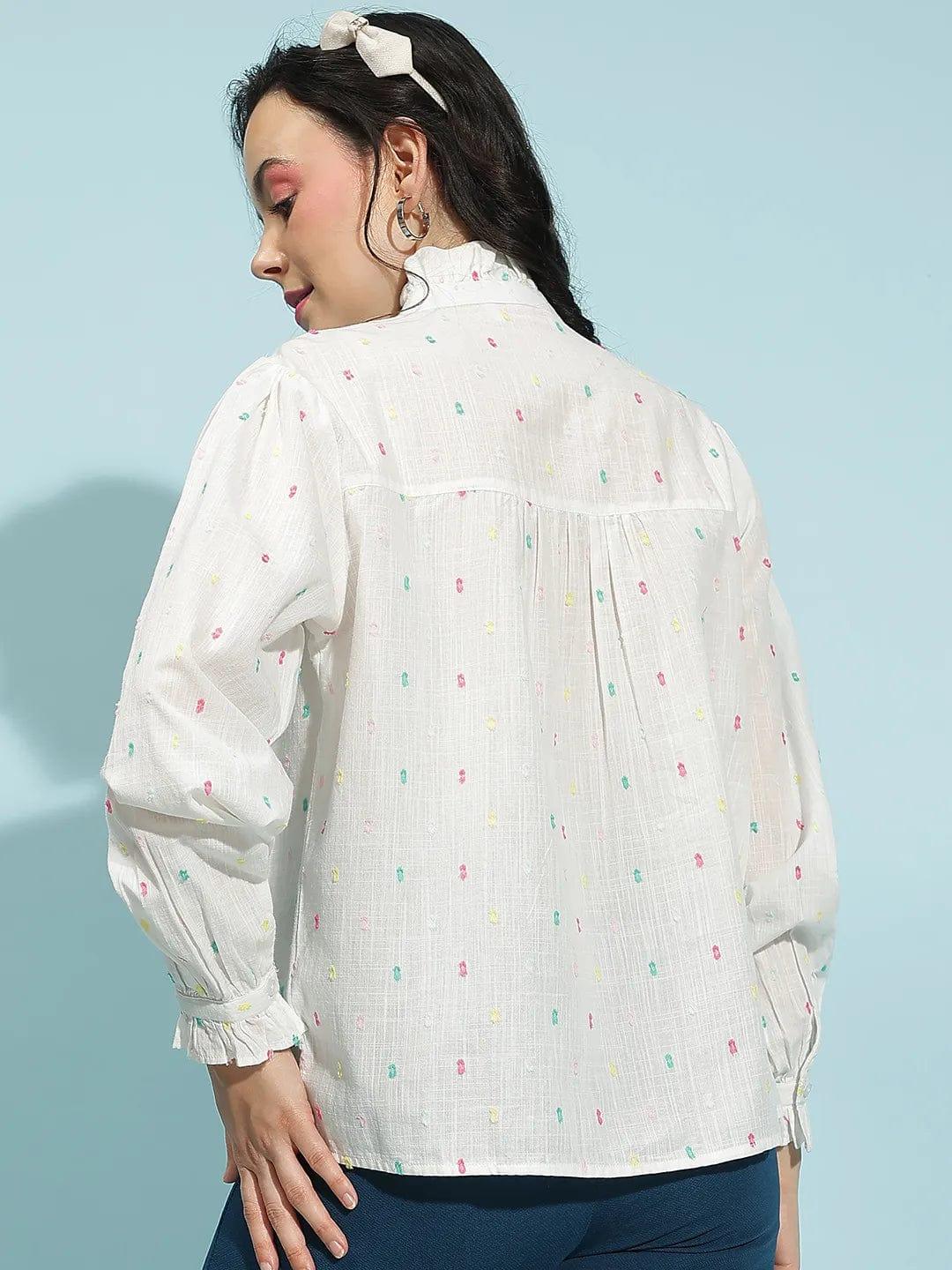 Cloudy White Swiss Dotted Long Sleeve Women’s Cotton Top