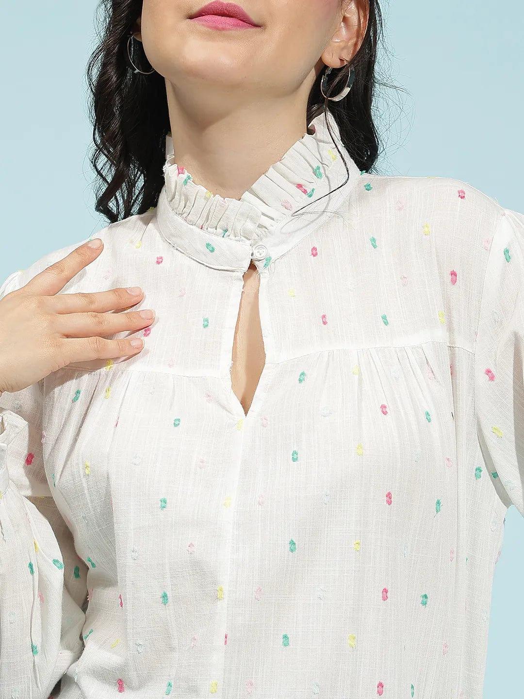 Cloudy White Swiss Dotted Long Sleeve Women’s Cotton Top