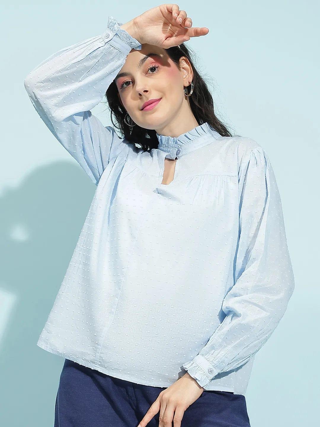 Solid Blue Long Sleeve Women’s Cotton Top for Comfort