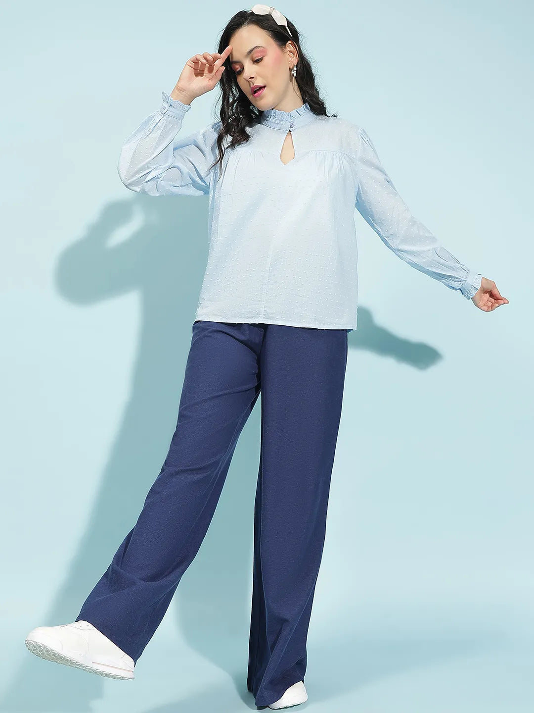 Solid Blue Long Sleeve Women’s Cotton Top for Comfort