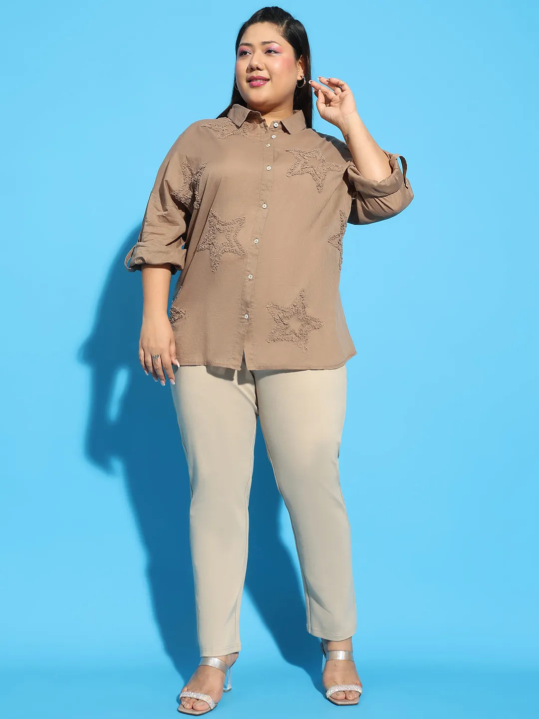 Bamboo Brown Embroidered Collared Long Sleeve Plus Size  Cotton Shirt