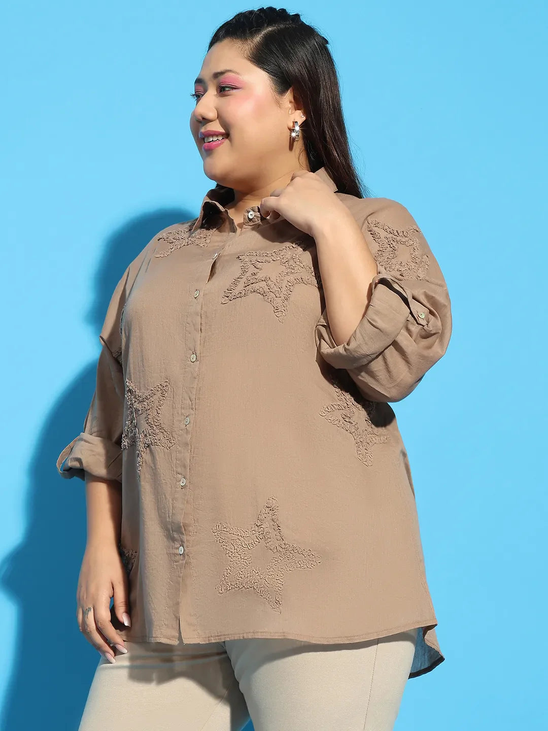 Bamboo Brown Embroidered Collared Long Sleeve Plus Size  Cotton Shirt