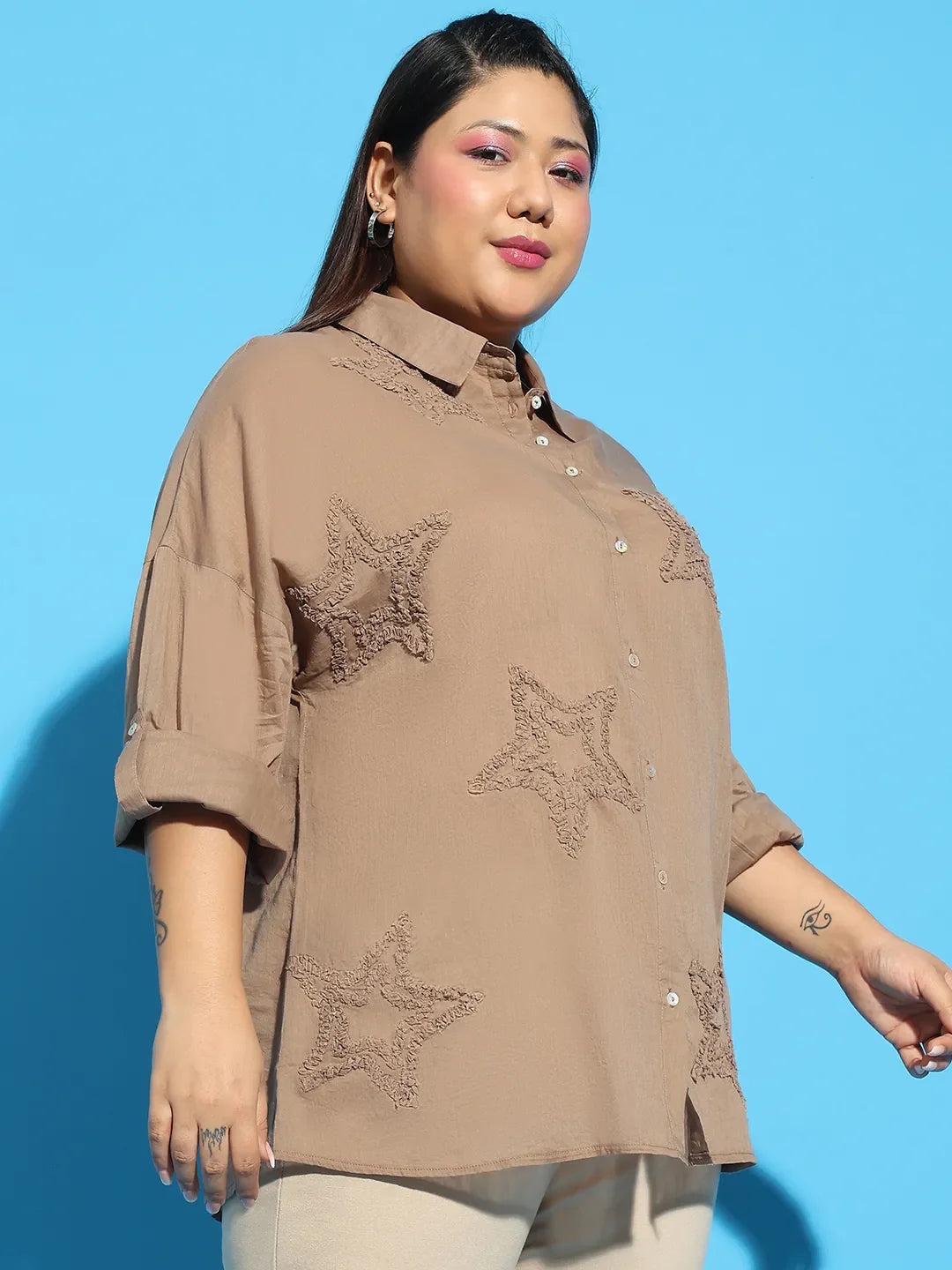 Bamboo Brown Embroidered Collared Long Sleeve Plus Size  Cotton Shirt