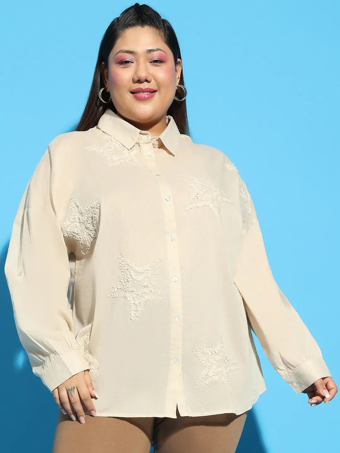 Elevated Beige Embroidered Collared Long Sleeve Plus Size  Cotton Shirt