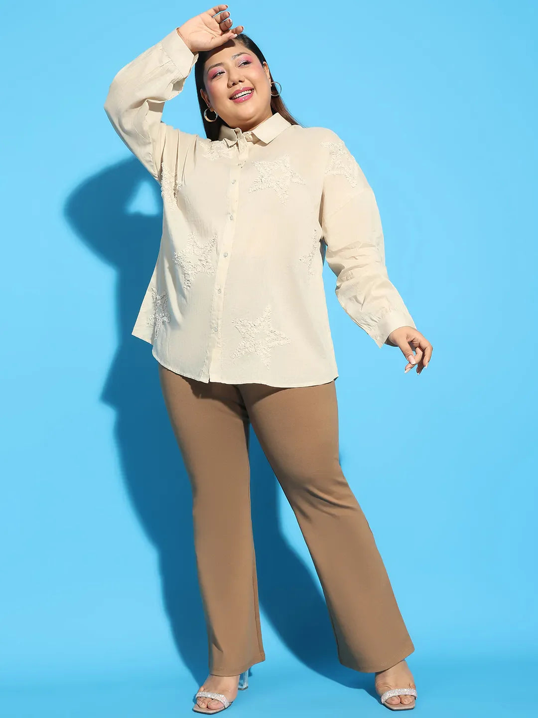 Elevated Beige Embroidered Collared Long Sleeve Plus Size  Cotton Shirt