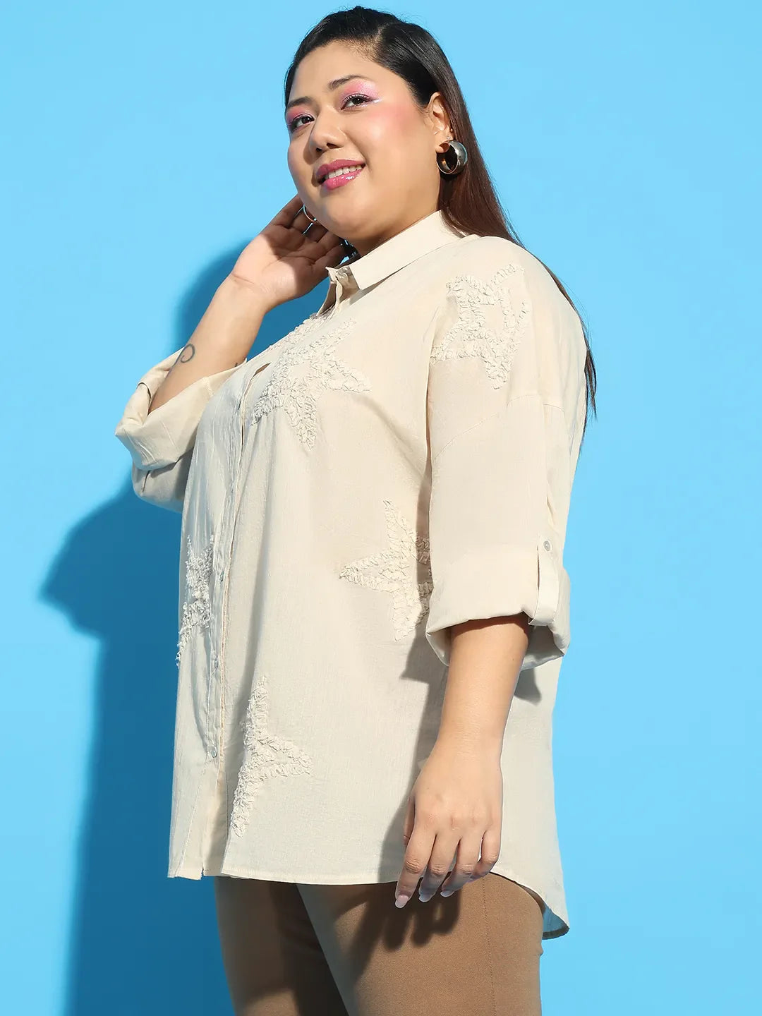 Elevated Beige Embroidered Collared Long Sleeve Plus Size  Cotton Shirt