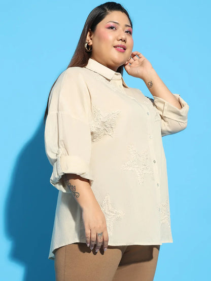 Elevated Beige Embroidered Collared Long Sleeve Plus Size  Cotton Shirt