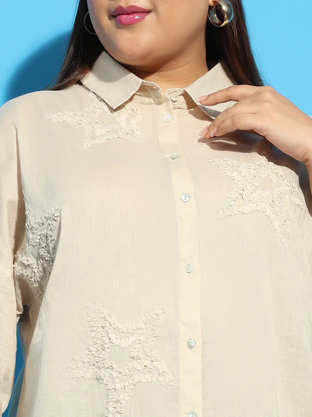 Elevated Beige Embroidered Collared Long Sleeve Plus Size  Cotton Shirt