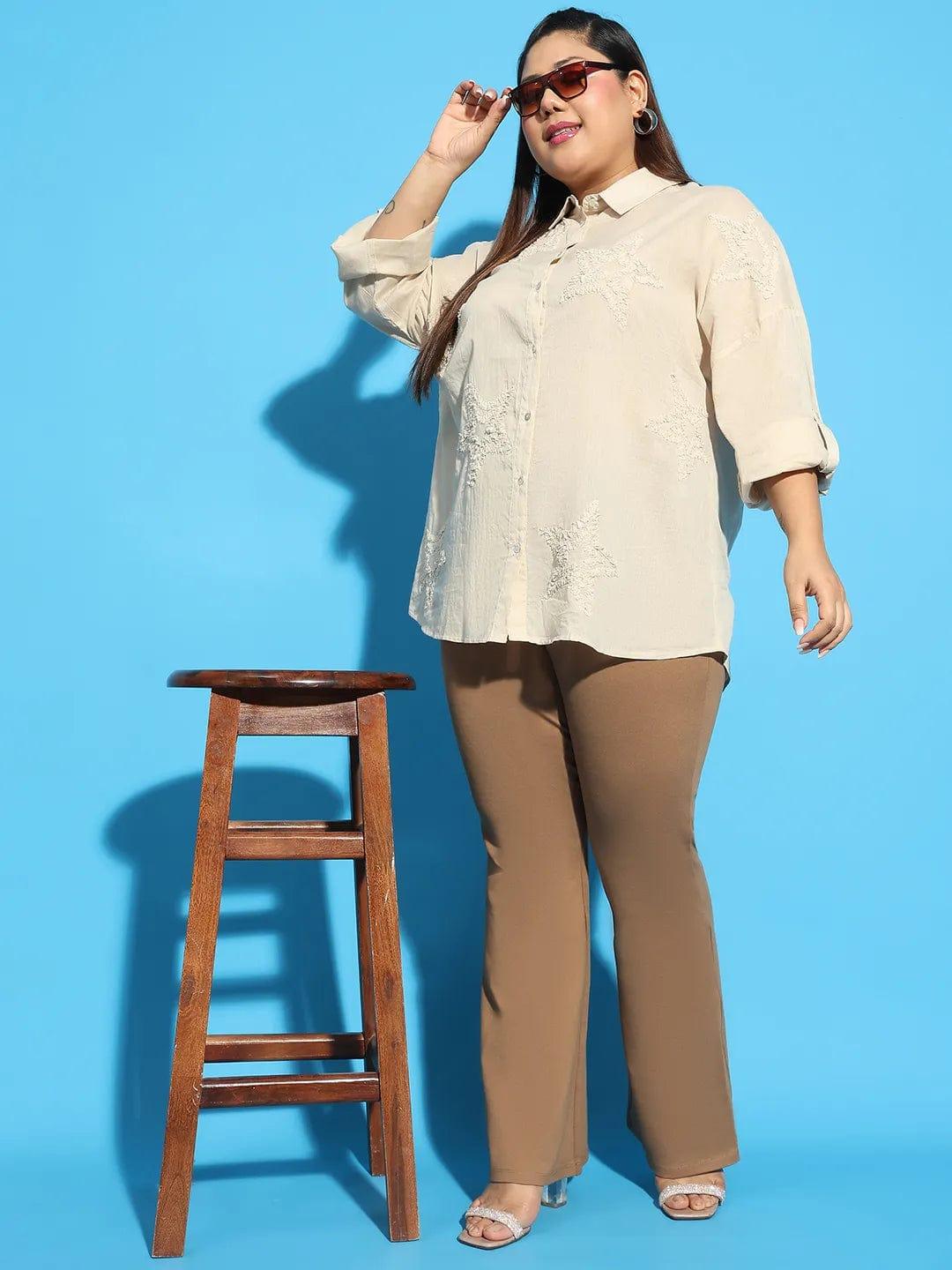 Elevated Beige Embroidered Collared Long Sleeve Plus Size  Cotton Shirt