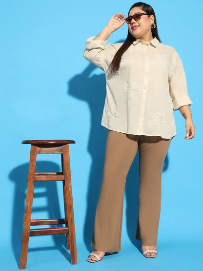 Elevated Beige Embroidered Collared Long Sleeve Plus Size  Cotton Shirt