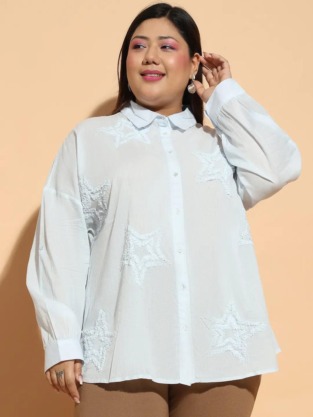 Light Blue  Embroidered Collared Long Sleeve Plus Size  Cotton Shirt