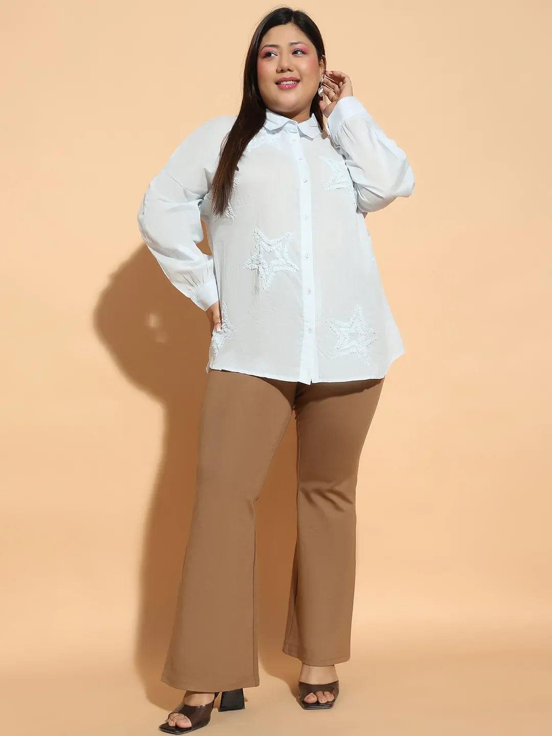 Light Blue  Embroidered Collared Long Sleeve Plus Size  Cotton Shirt