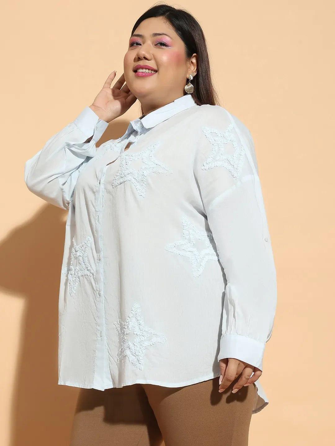 Light Blue  Embroidered Collared Long Sleeve Plus Size  Cotton Shirt