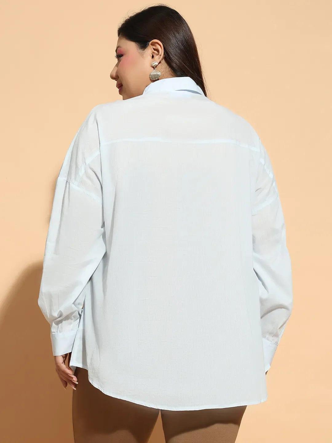 Light Blue  Embroidered Collared Long Sleeve Plus Size  Cotton Shirt