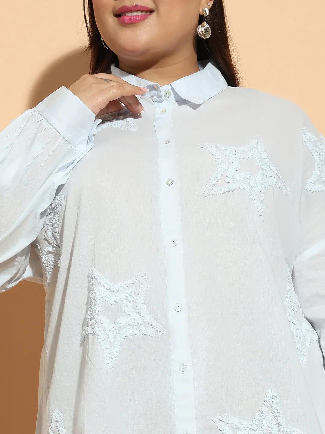 Light Blue  Embroidered Collared Long Sleeve Plus Size  Cotton Shirt