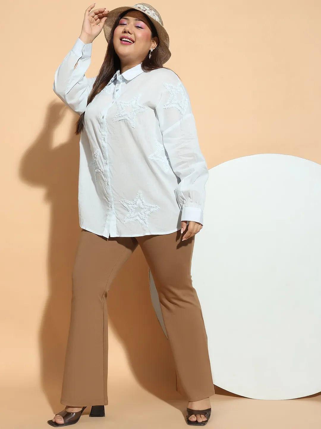 Light Blue  Embroidered Collared Long Sleeve Plus Size  Cotton Shirt