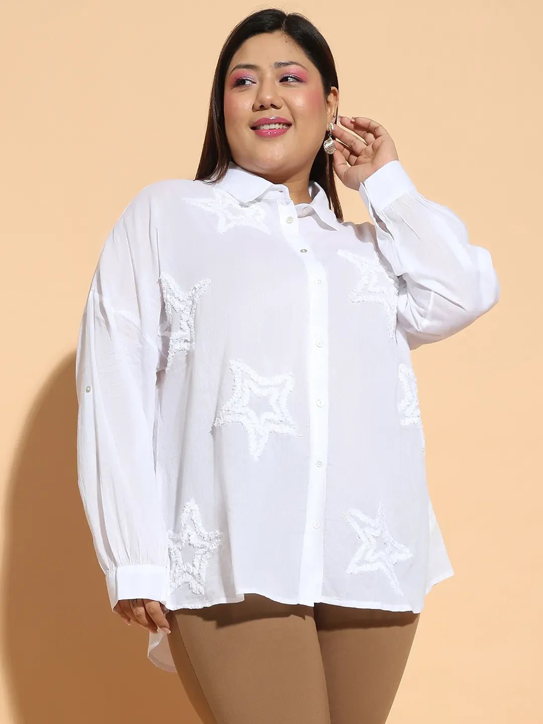 Clean White Embroidered Collared Long Sleeve Plus Size  Cotton Shirt