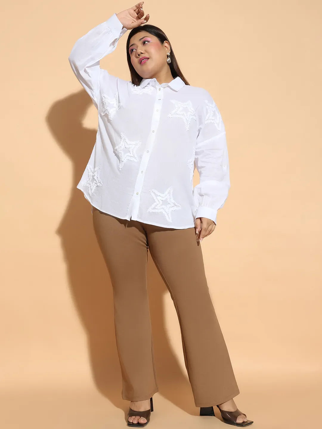 Clean White Embroidered Collared Long Sleeve Plus Size  Cotton Shirt