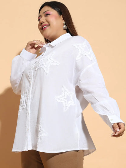 Clean White Embroidered Collared Long Sleeve Plus Size  Cotton Shirt