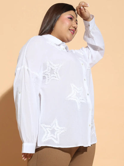 Clean White Embroidered Collared Long Sleeve Plus Size  Cotton Shirt