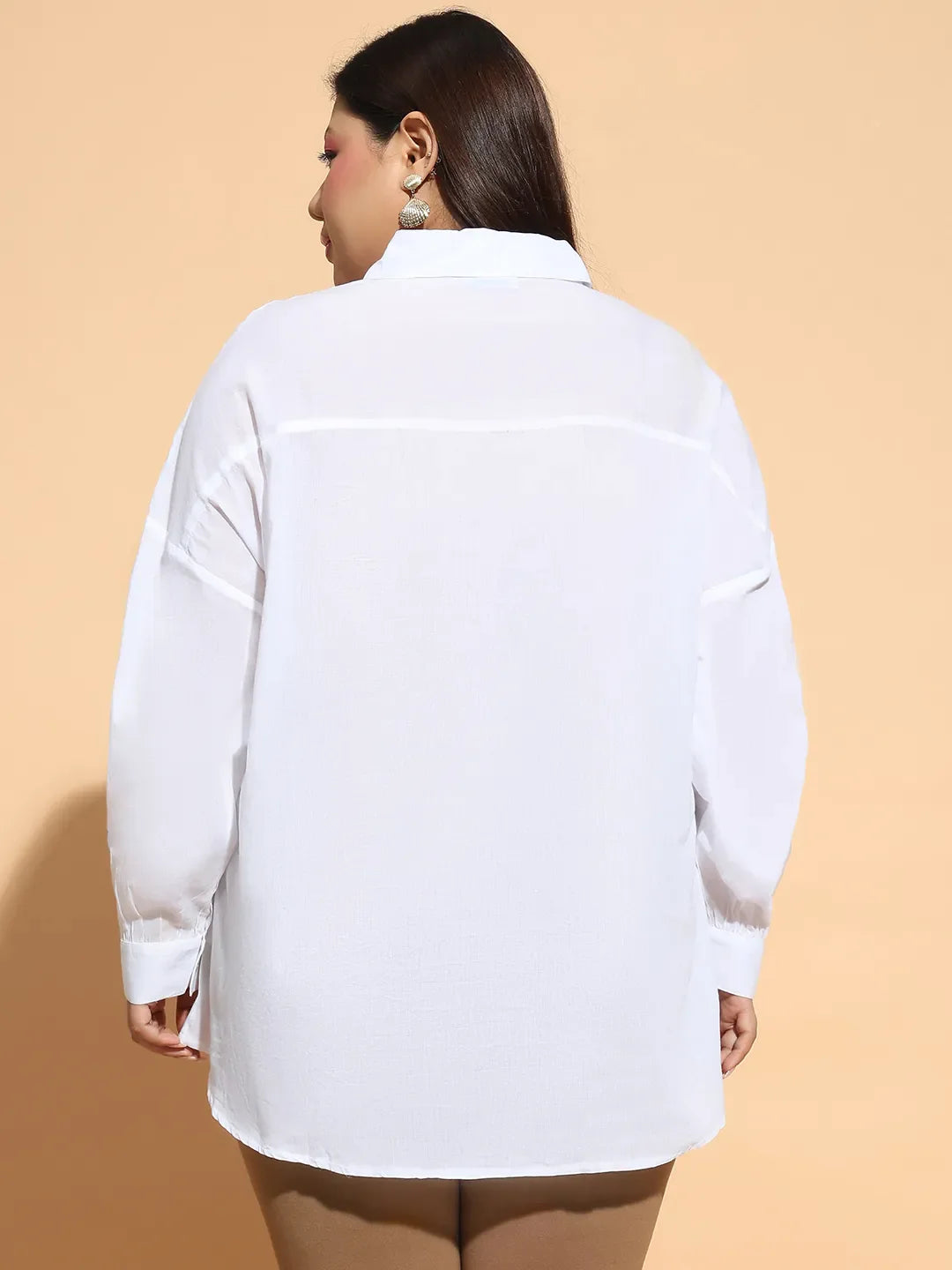 Clean White Embroidered Collared Long Sleeve Plus Size  Cotton Shirt