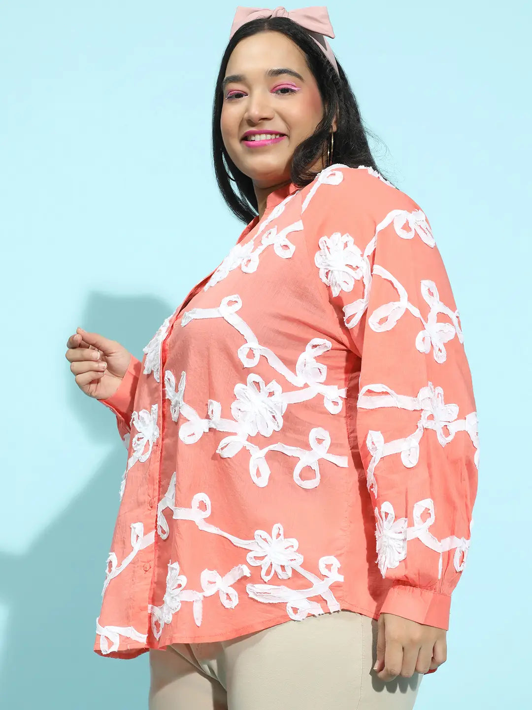 Coral Embroidered Long Sleeve Button-Down Plus Size Shirt