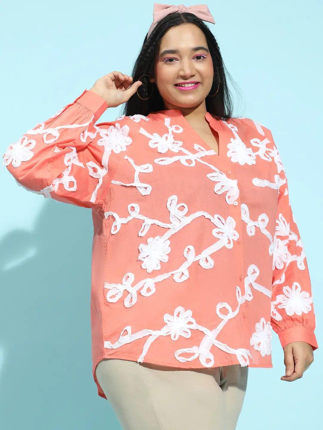 Coral Embroidered Long Sleeve Button-Down Plus Size Shirt