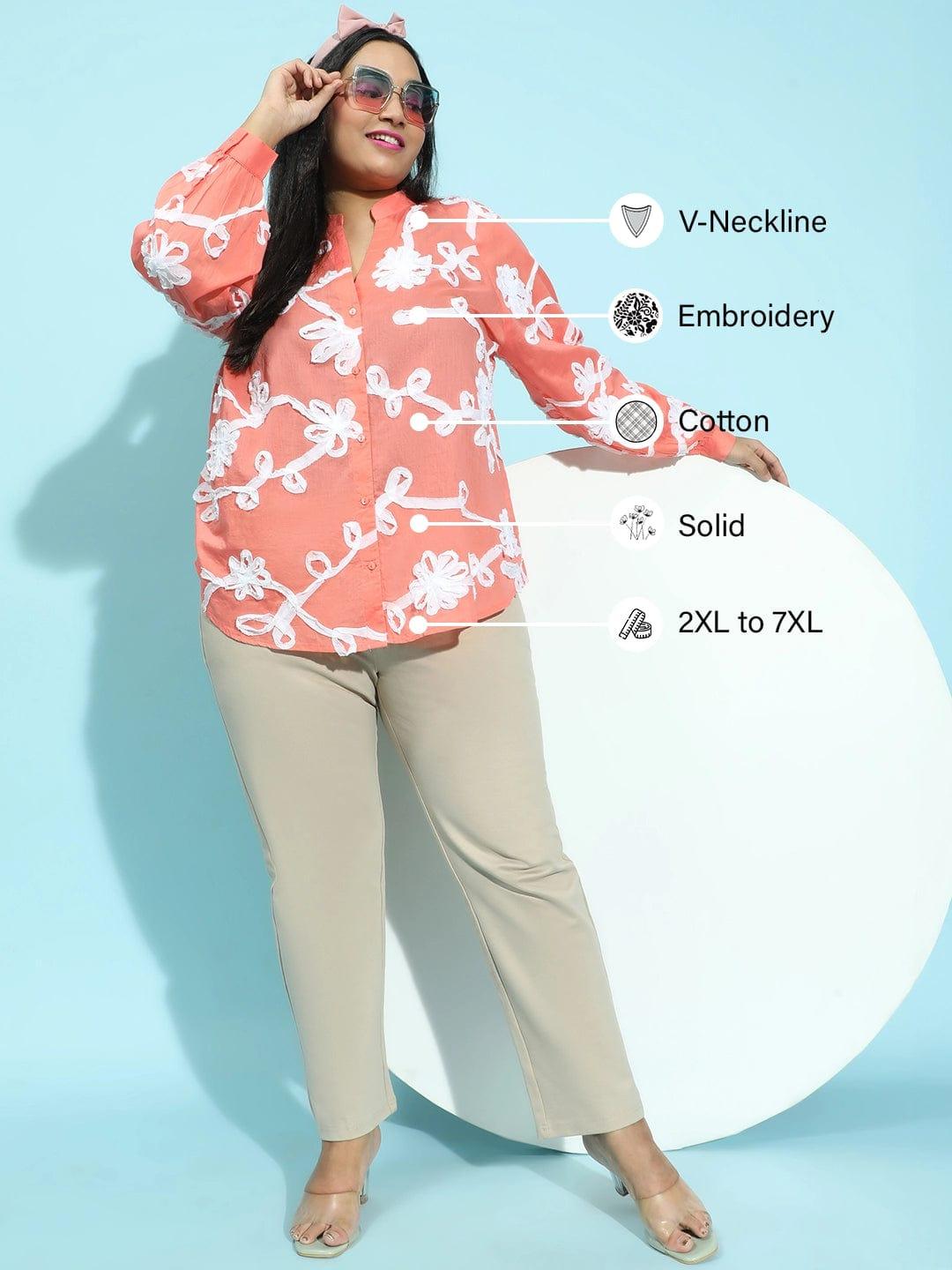 Coral Embroidered Long Sleeve Button-Down Plus Size Shirt