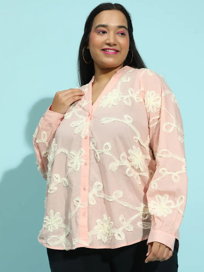 Pure Peach  Embroidered Long Sleeve  Plus Size Shirt