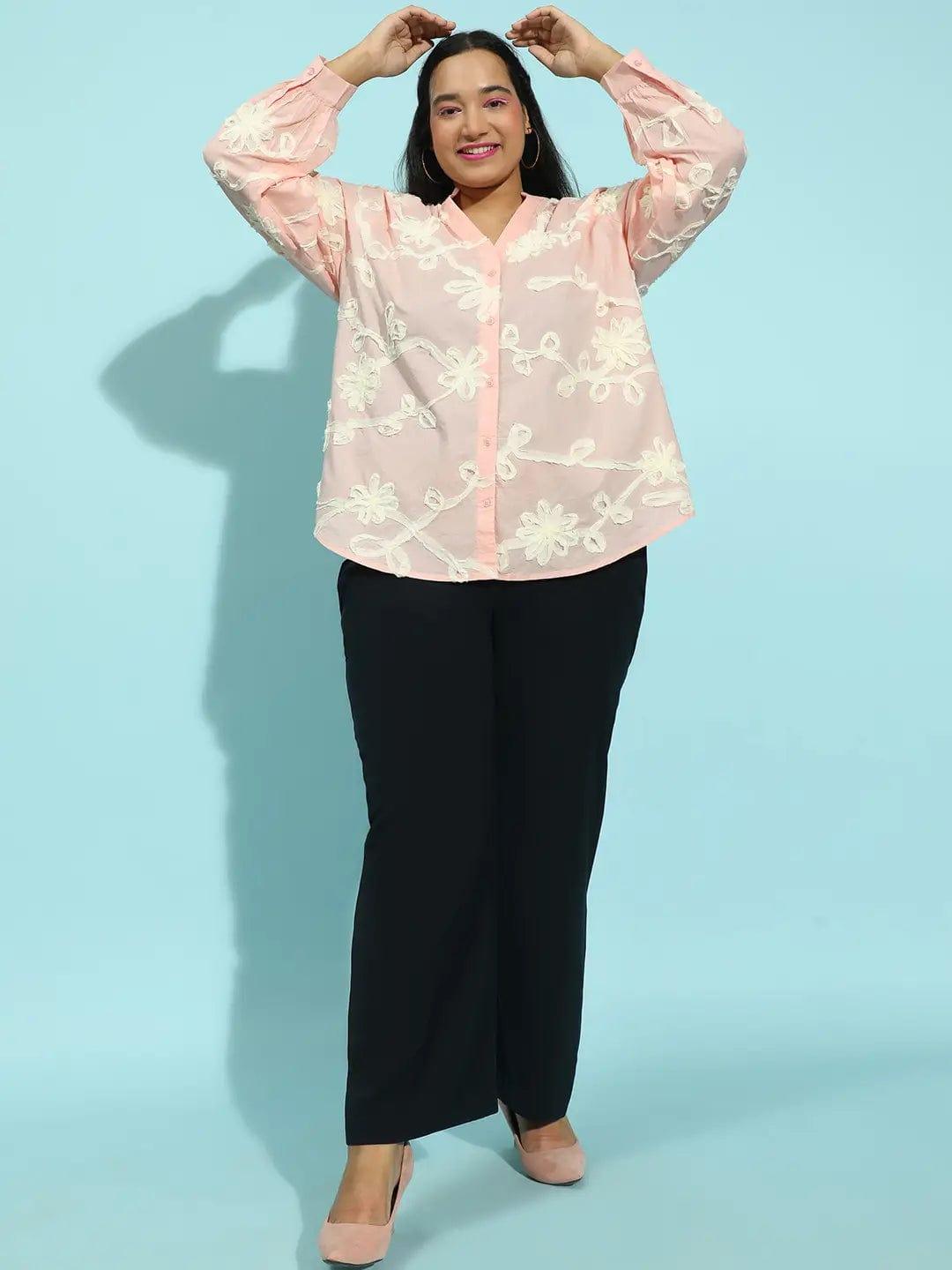 Pure Peach  Embroidered Long Sleeve  Plus Size Shirt