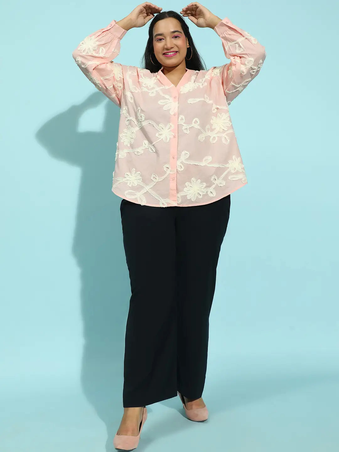 Pure Peach  Embroidered Long Sleeve  Plus Size Shirt