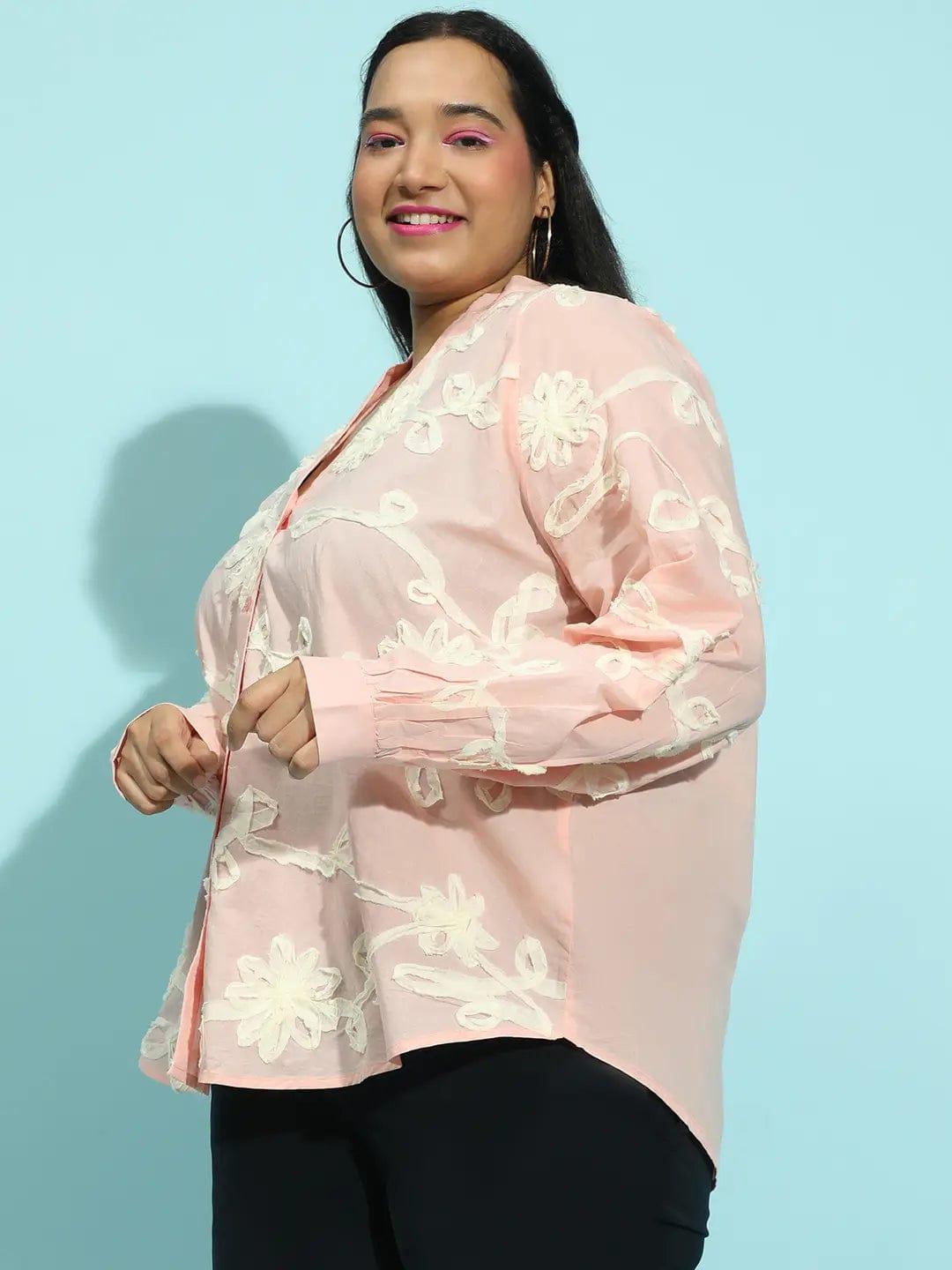 Pure Peach  Embroidered Long Sleeve  Plus Size Shirt