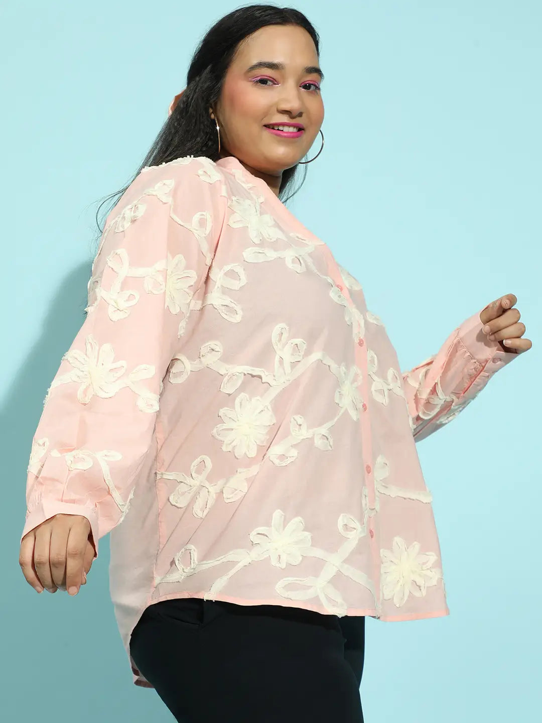 Pure Peach  Embroidered Long Sleeve  Plus Size Shirt