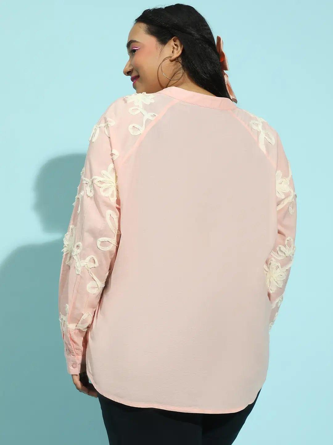 Pure Peach  Embroidered Long Sleeve  Plus Size Shirt