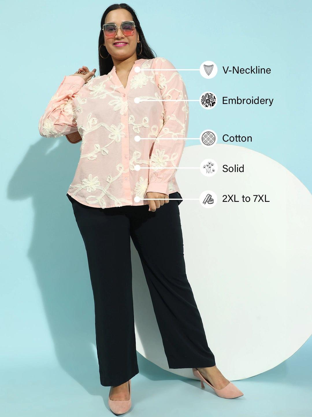 Pure Peach  Embroidered Long Sleeve  Plus Size Shirt