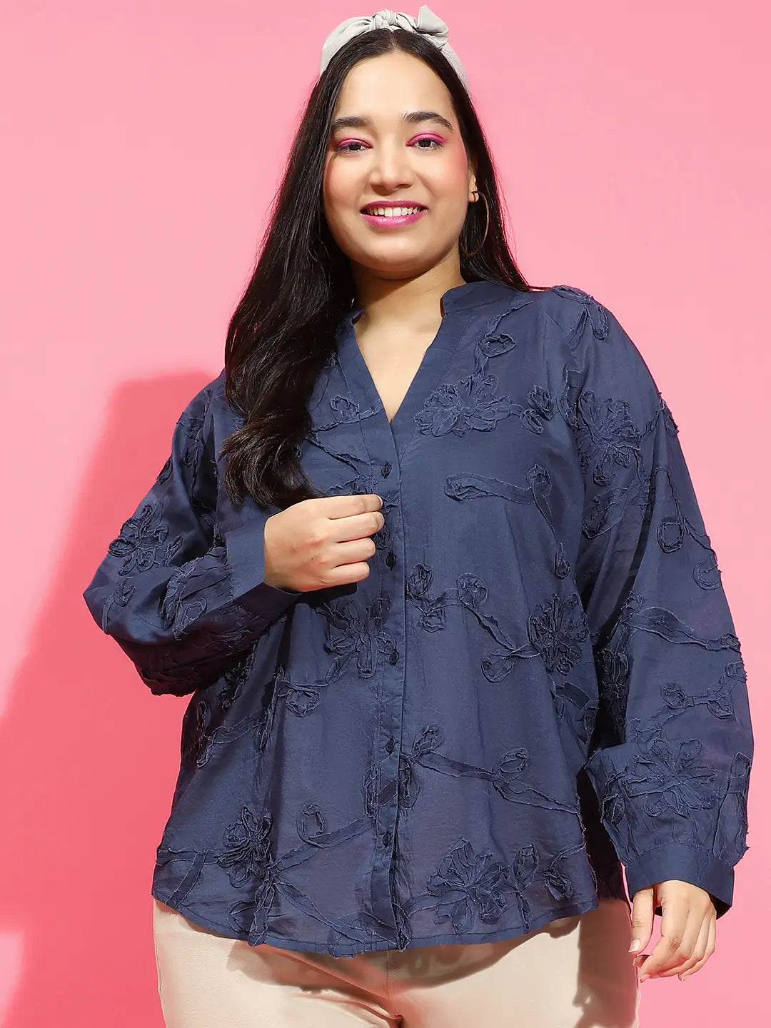 Navy Blue Embroidered Long Sleeve  Plus Size Shirt