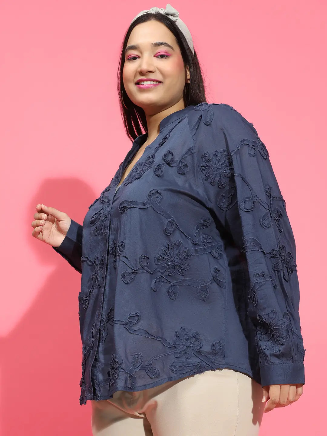 Navy Blue Embroidered Long Sleeve  Plus Size Shirt