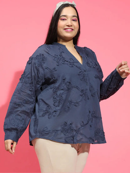 Navy Blue Embroidered Long Sleeve  Plus Size Shirt